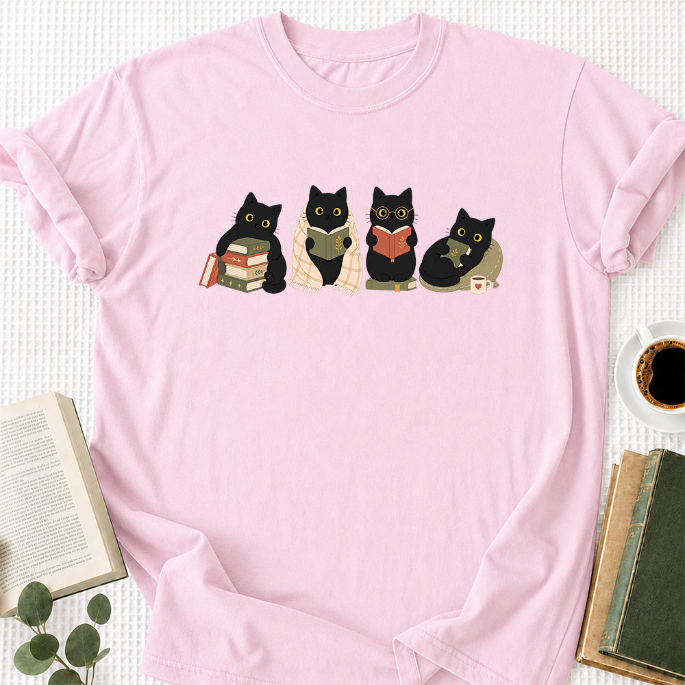 Black Cats Reading Softstyle T-Shirt | Book Lover Gift Light Pink