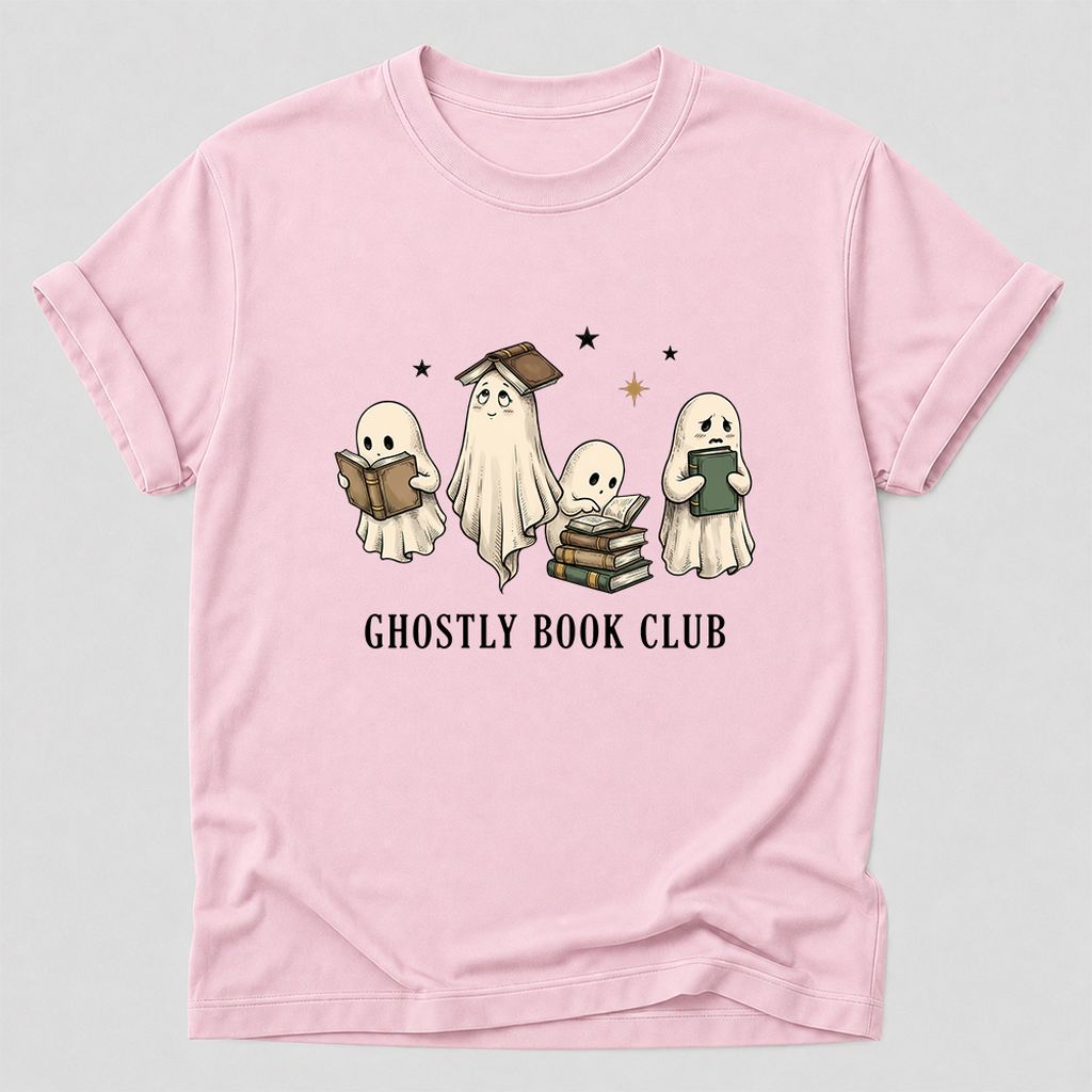Ghostly Book Club Printed T-Shirt | Spooky Book Lover Gift Light Pink