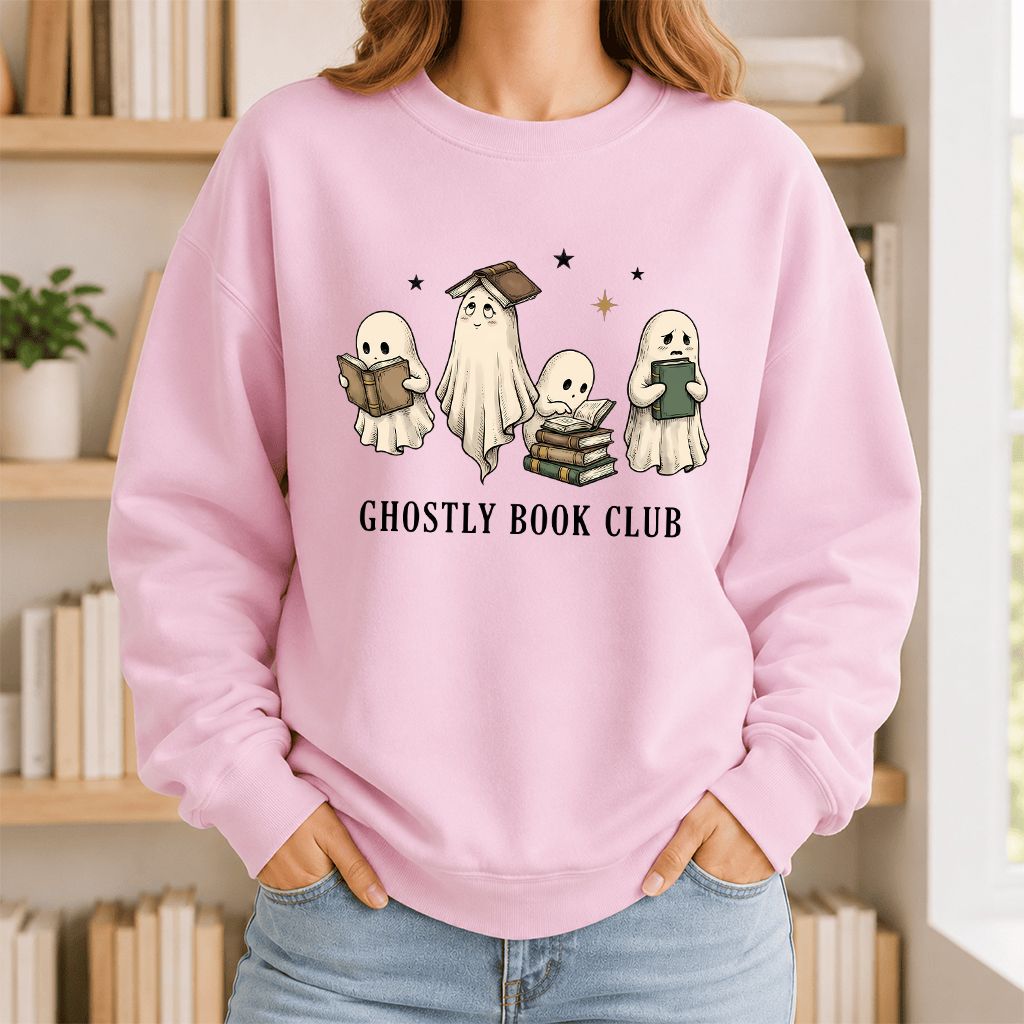 Ghostly Book Club Printed Sweatshirt | Spooky Book Lover Gift Light Pink