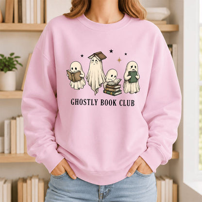 Ghostly Book Club Printed Sweatshirt | Spooky Book Lover Gift Light Pink