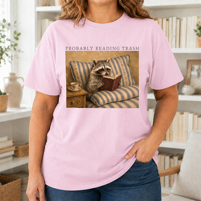 Probably Reading Trash Racoon Softstyle T-Shirt | Book Lover Gift Light Pink