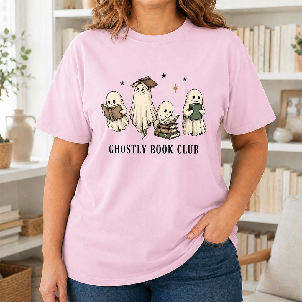 Ghostly Book Club Printed T-Shirt | Spooky Book Lover Gift Light Pink