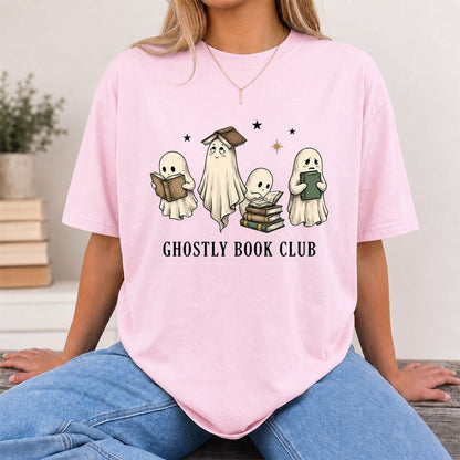 Ghostly Book Club Printed T-Shirt | Spooky Book Lover Gift Light Pink