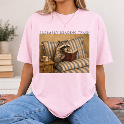 Probably Reading Trash Racoon Softstyle T-Shirt | Book Lover Gift Light Pink
