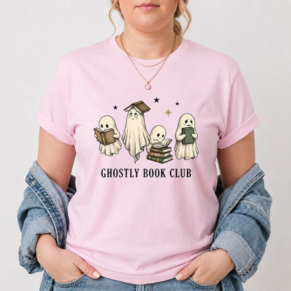 Ghostly Book Club Printed T-Shirt | Spooky Book Lover Gift Light Pink
