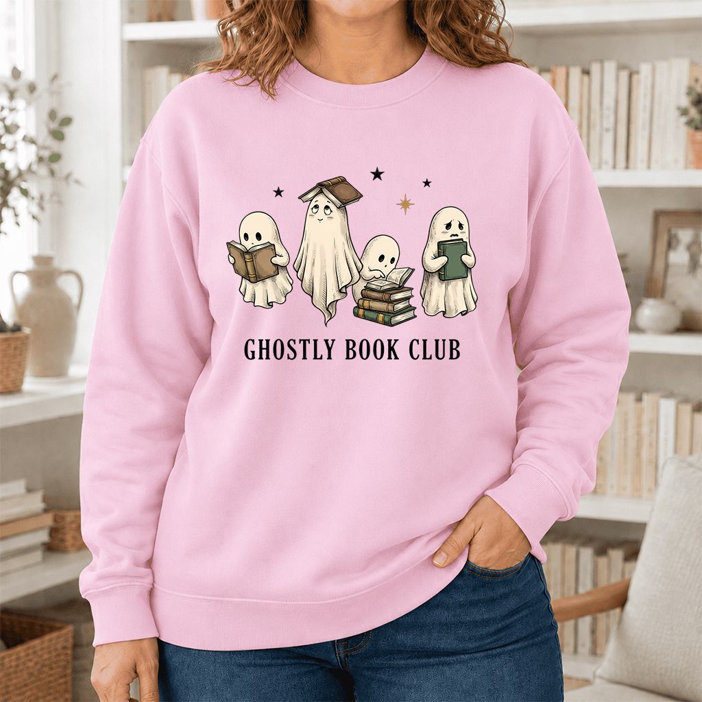 Ghostly Book Club Printed Sweatshirt | Spooky Book Lover Gift Light Pink