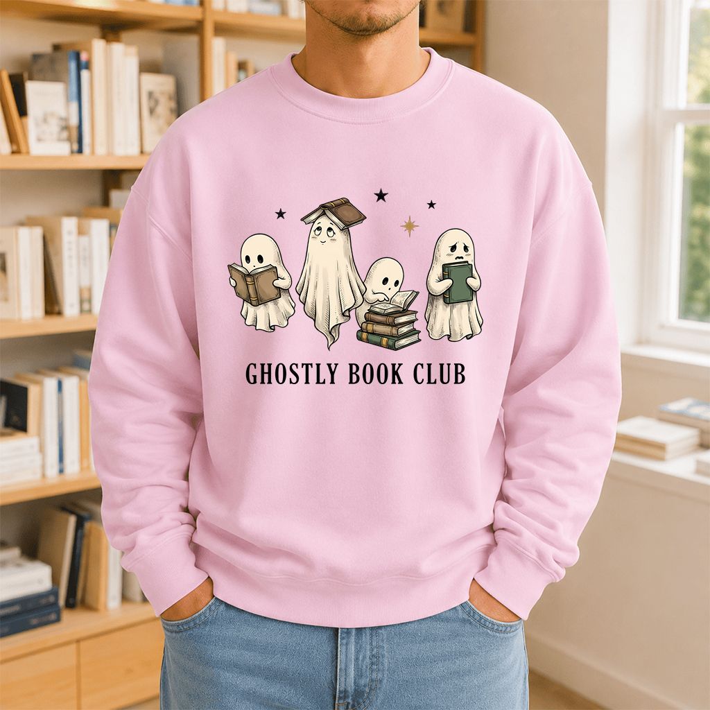 Ghostly Book Club Printed Sweatshirt | Spooky Book Lover Gift Light Pink