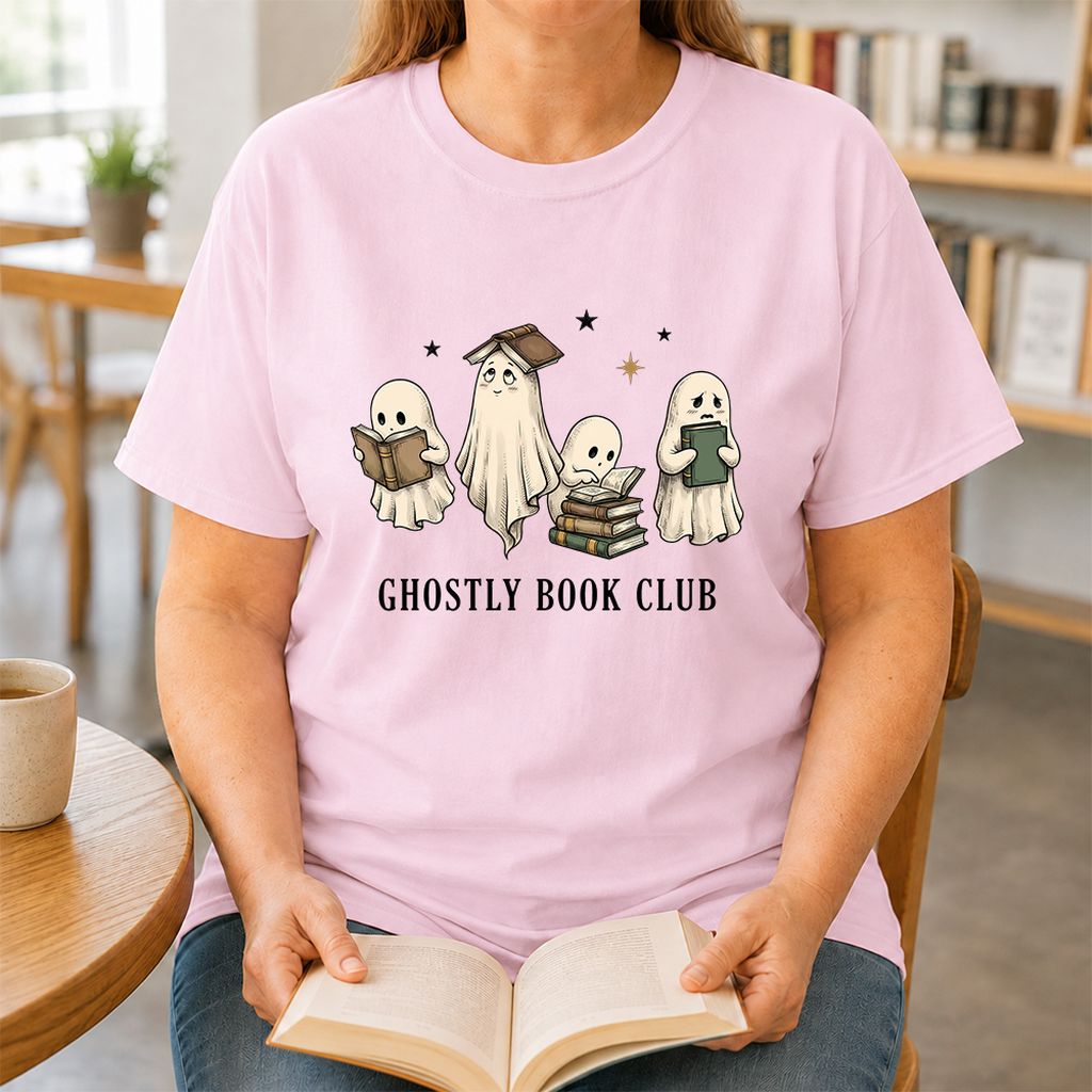 Ghostly Book Club Printed T-Shirt | Spooky Book Lover Gift Light Pink