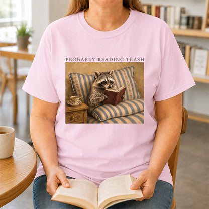 Probably Reading Trash Racoon Softstyle T-Shirt | Book Lover Gift Light Pink