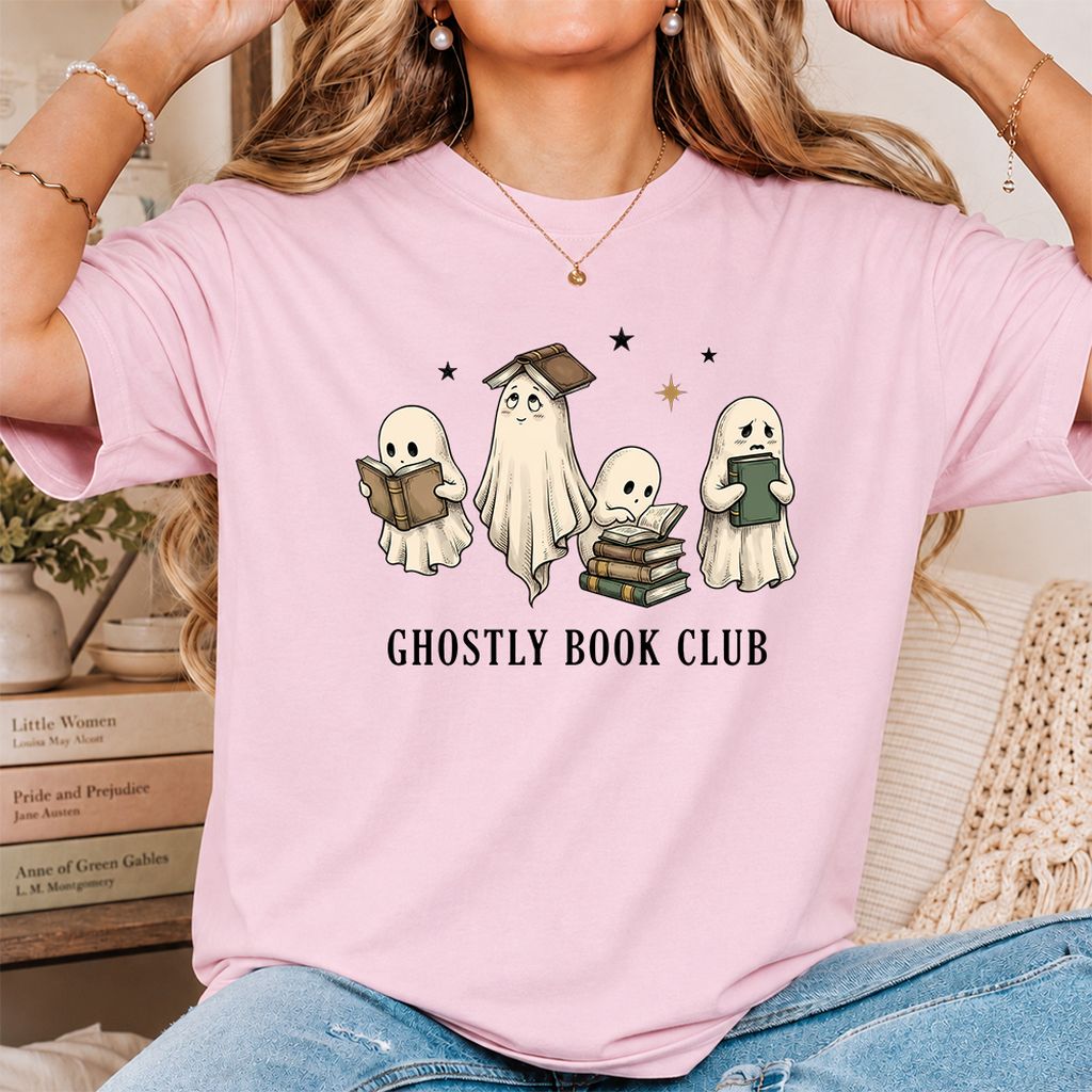 Ghostly Book Club Printed T-Shirt | Spooky Book Lover Gift Light Pink