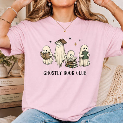 Ghostly Book Club Printed T-Shirt | Spooky Book Lover Gift Light Pink