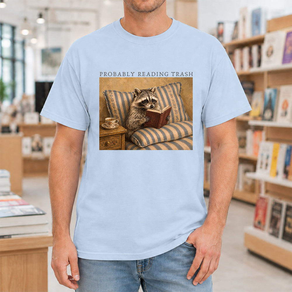 Probably Reading Trash Racoon Softstyle T-Shirt | Book Lover Gift Light Blue