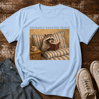 Probably Reading Trash Racoon Softstyle T-Shirt | Book Lover Gift Light Blue