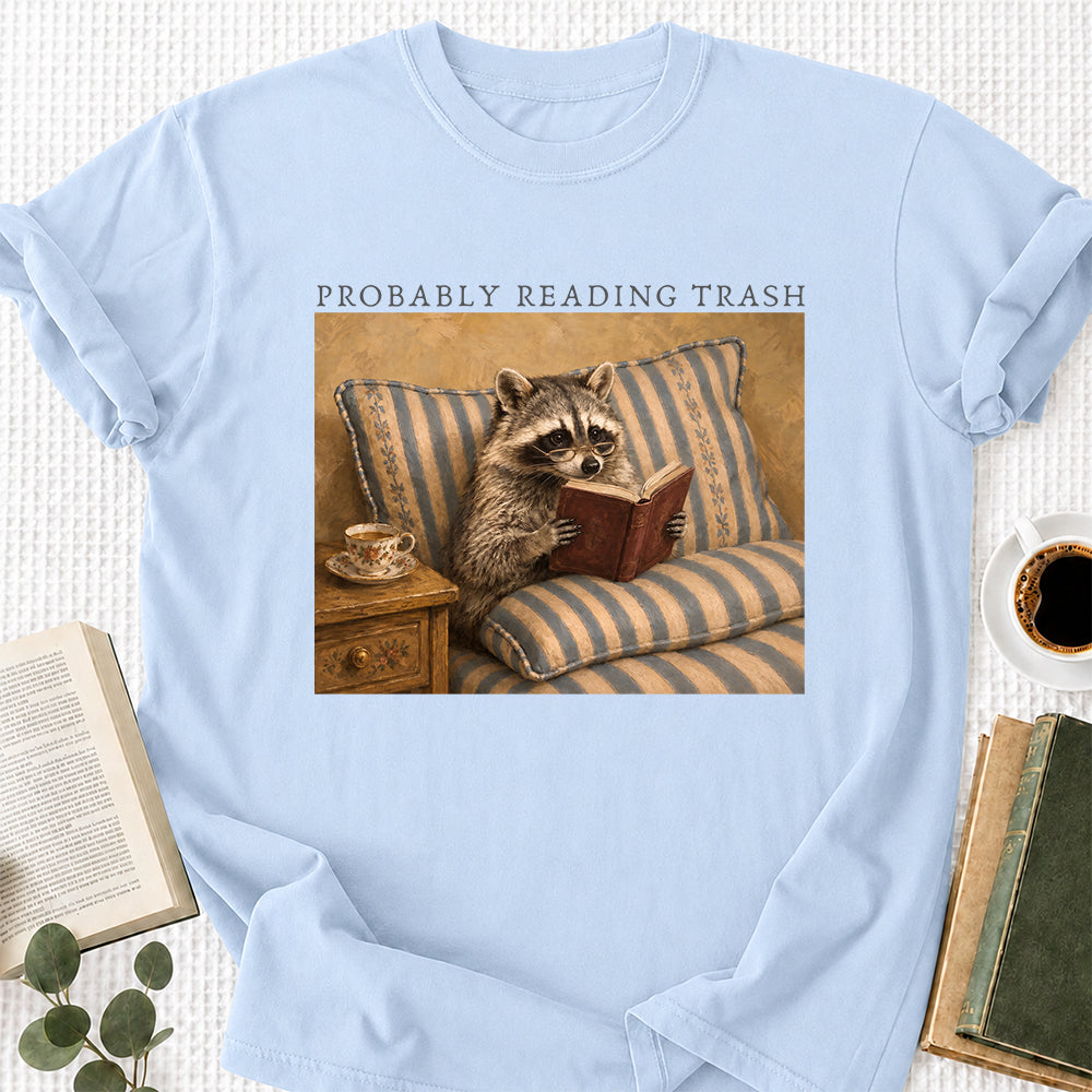 Probably Reading Trash Racoon Softstyle T-Shirt | Book Lover Gift Light Blue