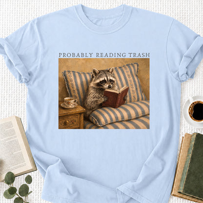 Probably Reading Trash Racoon Softstyle T-Shirt | Book Lover Gift Light Blue