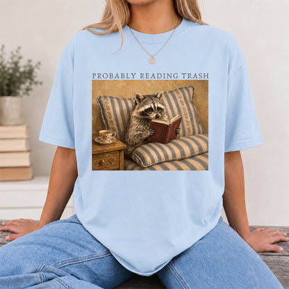 Probably Reading Trash Racoon Softstyle T-Shirt | Book Lover Gift Light Blue