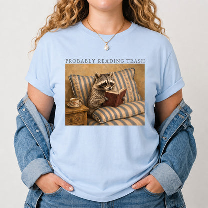 Probably Reading Trash Racoon Softstyle T-Shirt | Book Lover Gift Light Blue