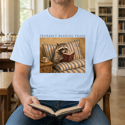 Probably Reading Trash Racoon Softstyle T-Shirt | Book Lover Gift Light Blue