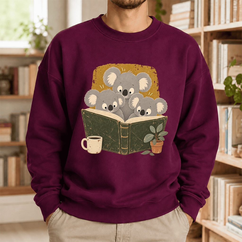 Minimal Japanese Koalas Reading Crewneck Sweatshirt | Reader Gift Maroon