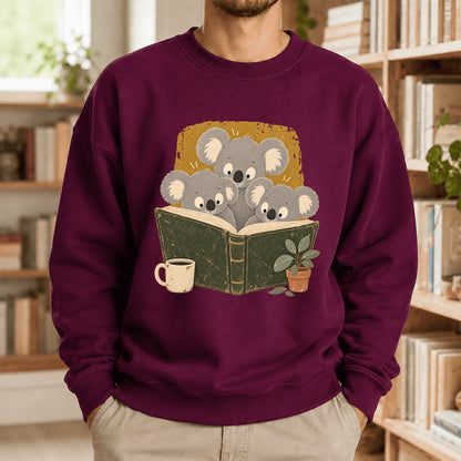 Minimal Japanese Koalas Reading Crewneck Sweatshirt | Reader Gift Maroon