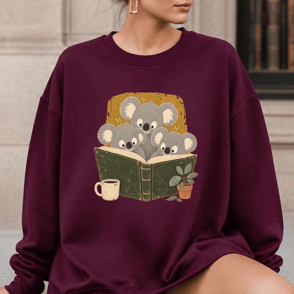 Minimal Japanese Koalas Reading Crewneck Sweatshirt | Reader Gift Maroon
