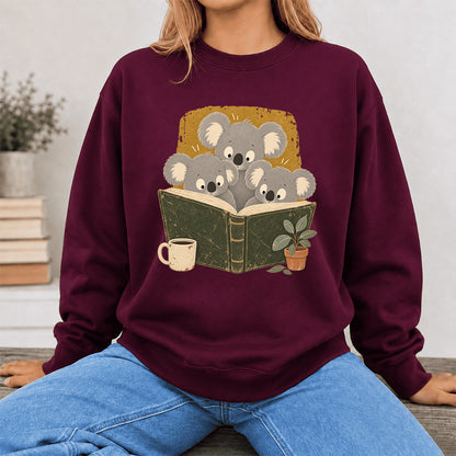 Minimal Japanese Koalas Reading Crewneck Sweatshirt | Reader Gift Maroon