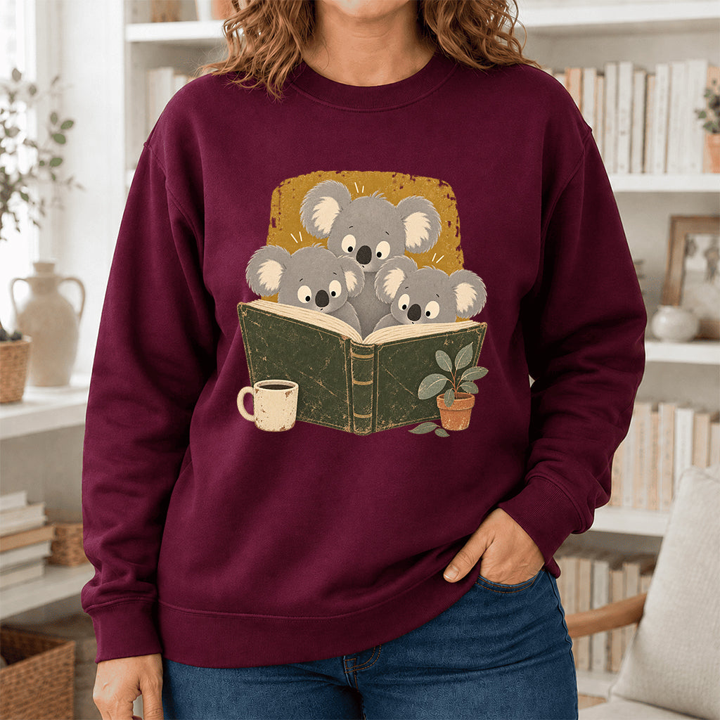 Minimal Japanese Koalas Reading Crewneck Sweatshirt | Reader Gift Maroon