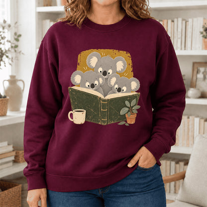 Minimal Japanese Koalas Reading Crewneck Sweatshirt | Reader Gift Maroon