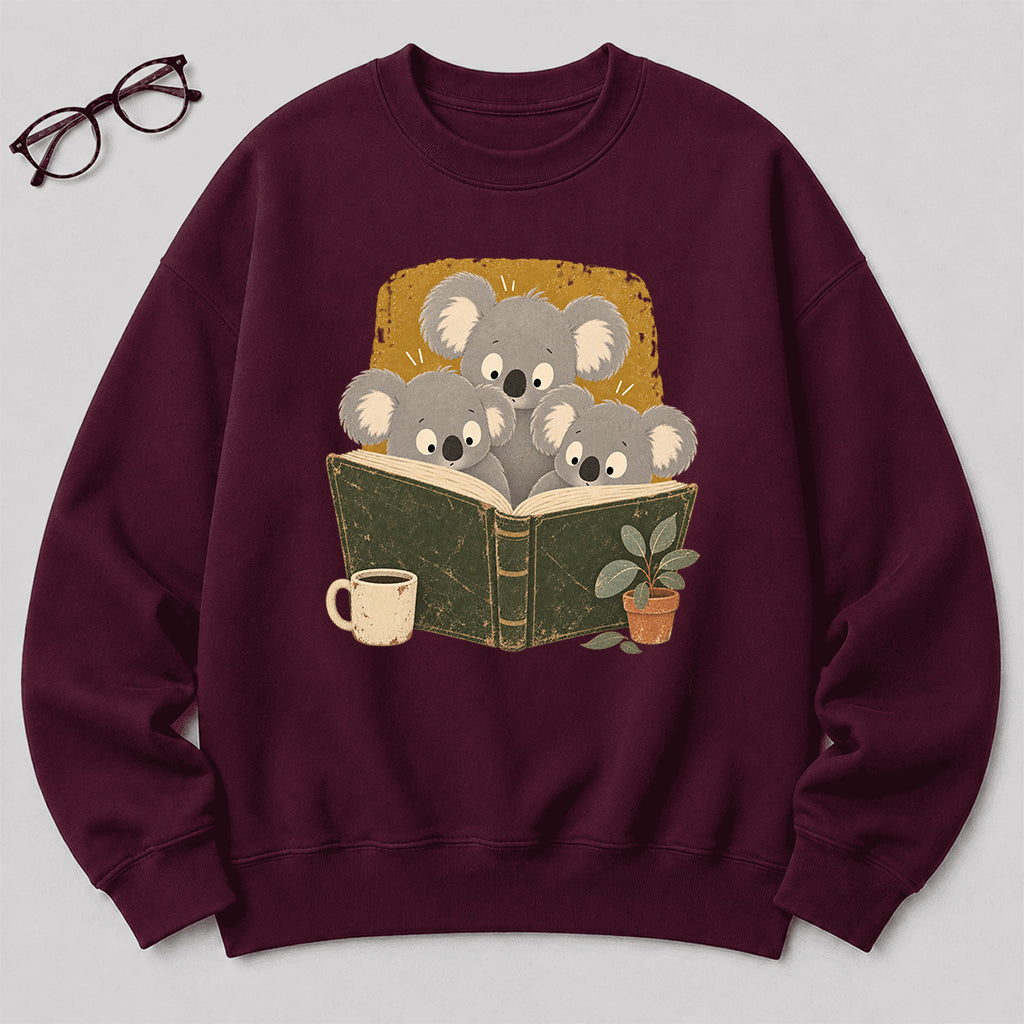 Minimal Japanese Koalas Reading Crewneck Sweatshirt | Reader Gift Maroon