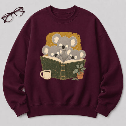 Minimal Japanese Koalas Reading Crewneck Sweatshirt | Reader Gift Maroon