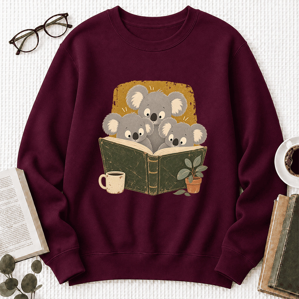Minimal Japanese Koalas Reading Crewneck Sweatshirt | Reader Gift Maroon
