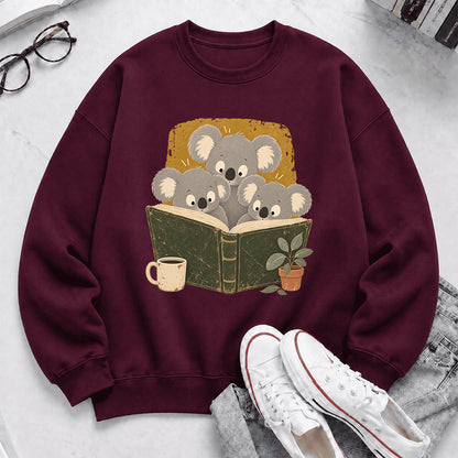 Minimal Japanese Koalas Reading Crewneck Sweatshirt | Reader Gift Maroon