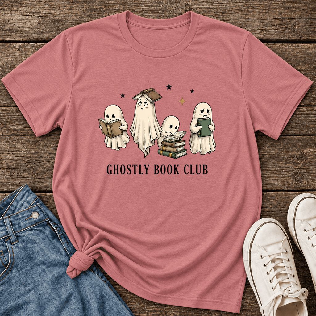 Ghostly Book Club Ultra-Soft Cotton T-Shirt | Spooky Book Lover Gift Mauve