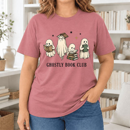 Ghostly Book Club Ultra-Soft Cotton T-Shirt | Spooky Book Lover Gift Mauve