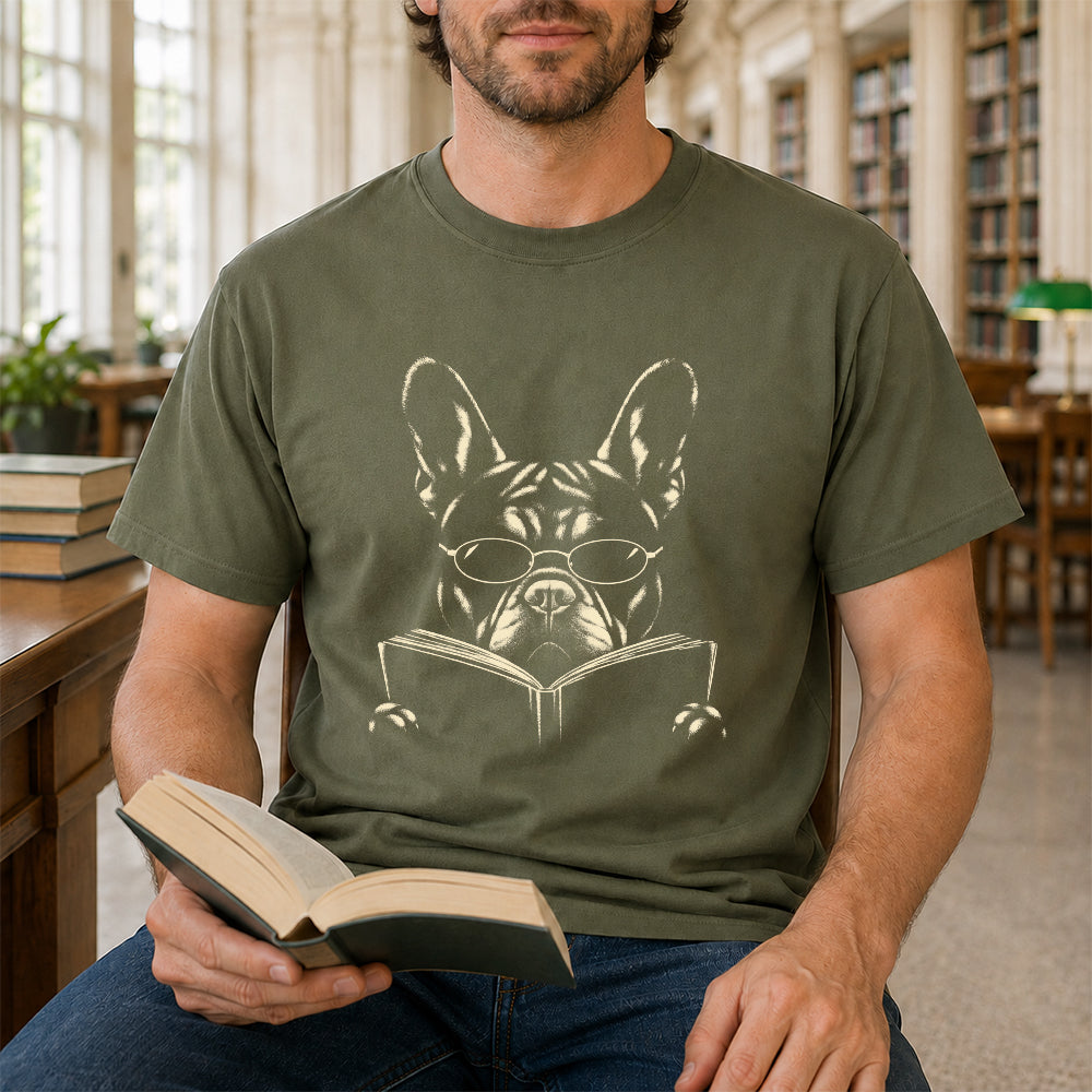 French Bulldog Reading Book Softstyle T-Shirt | Book Lover Gift Military Green