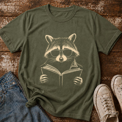 Raccoon Reading Book Softstyle T-Shirt | Book Lover Gift Military Green
