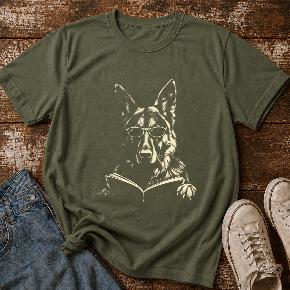 German Shepherd Reading Book Softstyle T-Shirt | Book Lover Gift Military Green