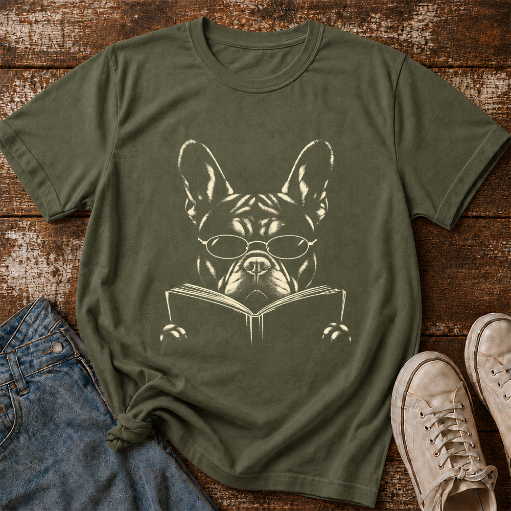 French Bulldog Reading Book Softstyle T-Shirt | Book Lover Gift Military Green