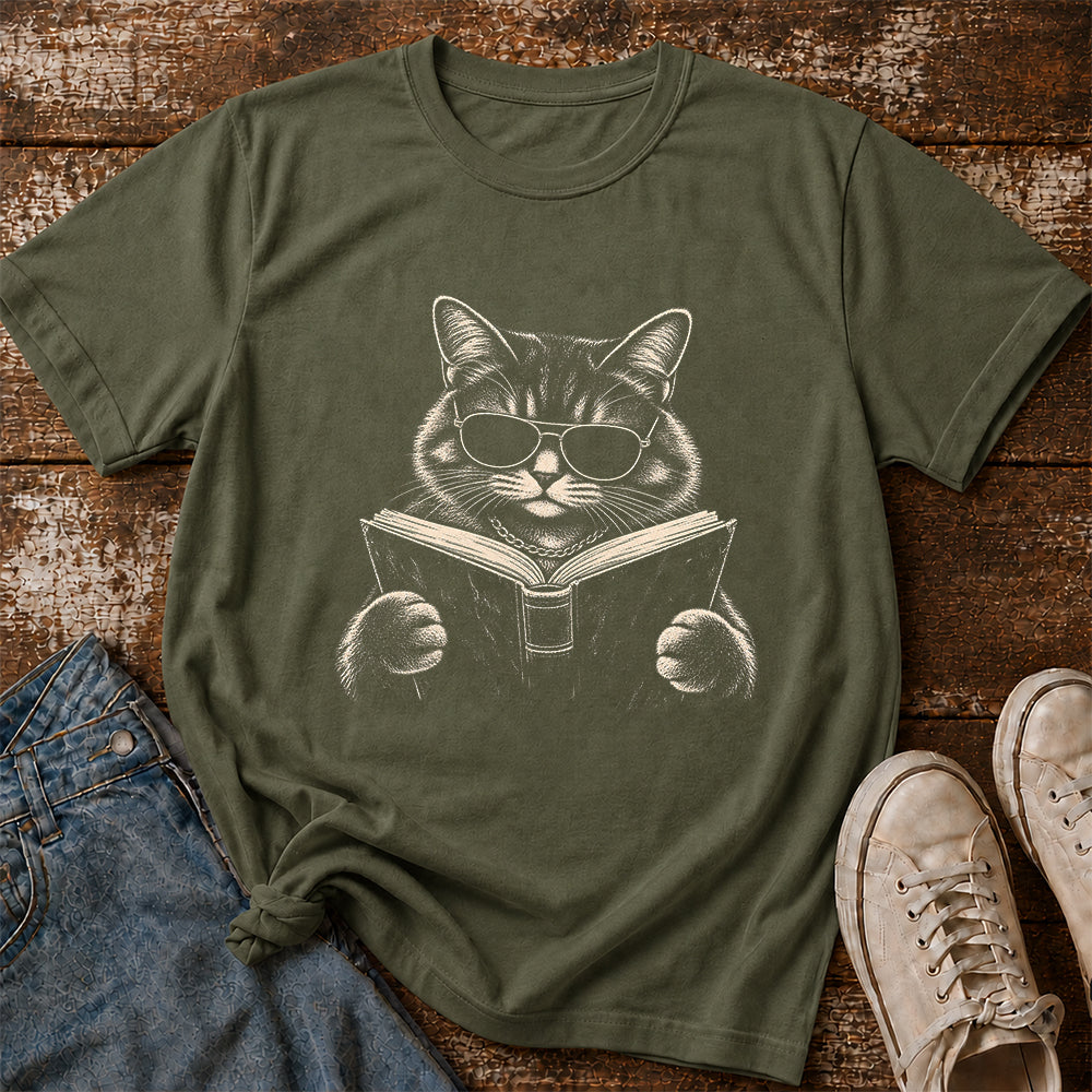 Cat Reading Book Softstyle T-Shirt | Book Lover Gift Military Green