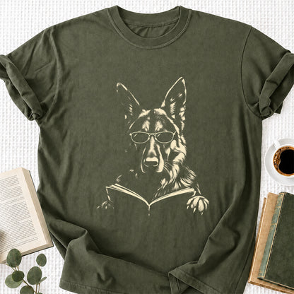 German Shepherd Reading Book Softstyle T-Shirt | Book Lover Gift Military Green