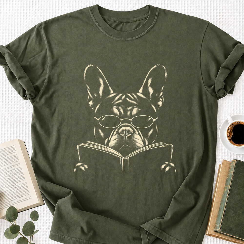 French Bulldog Reading Book Softstyle T-Shirt | Book Lover Gift Military Green
