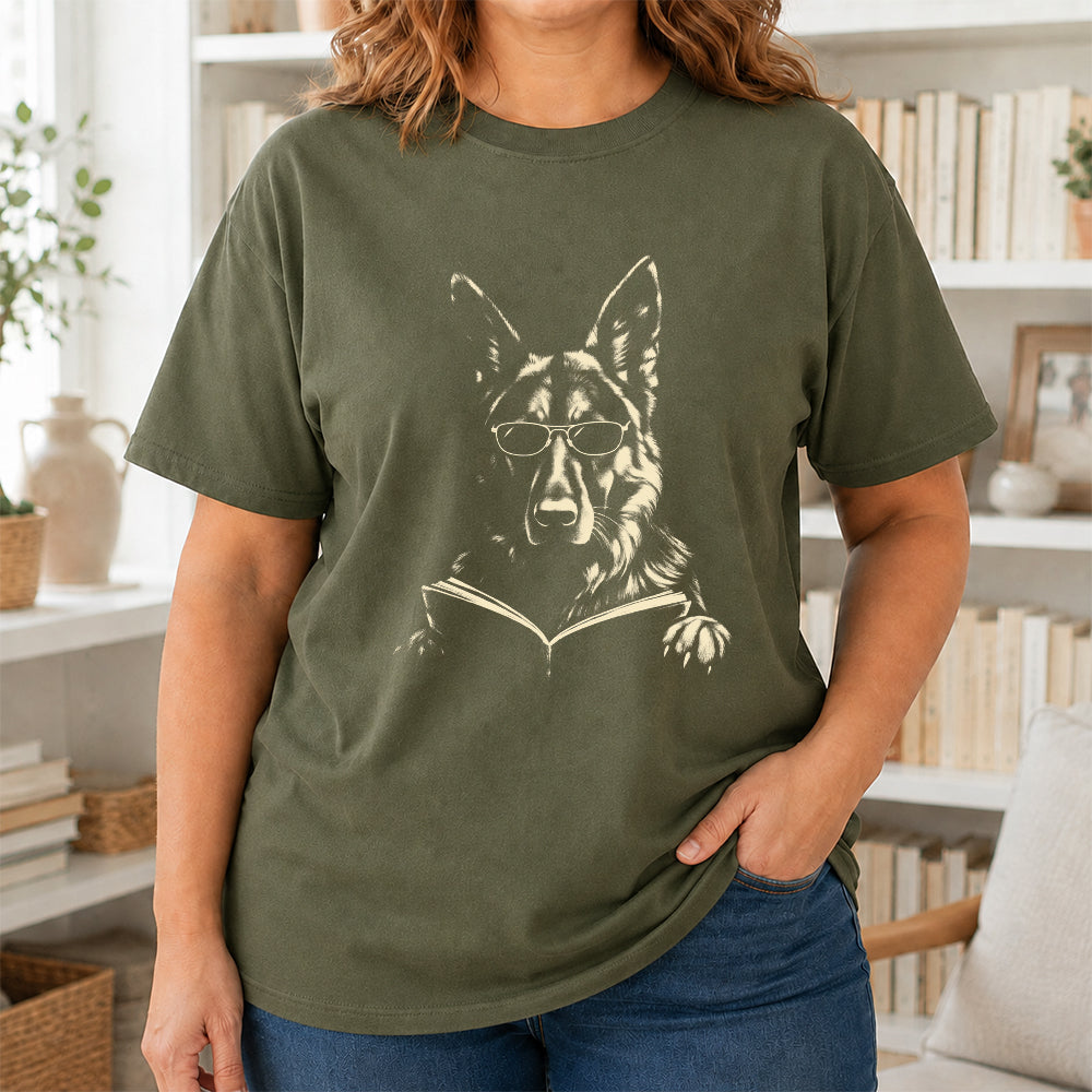 German Shepherd Reading Book Softstyle T-Shirt | Book Lover Gift Military Green