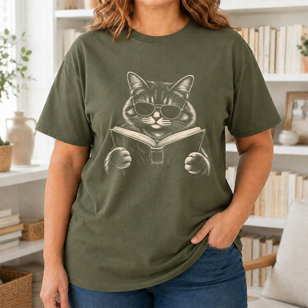 Cat Reading Book Softstyle T-Shirt | Book Lover Gift Military Green