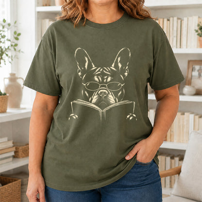 French Bulldog Reading Book Softstyle T-Shirt | Book Lover Gift Military Green
