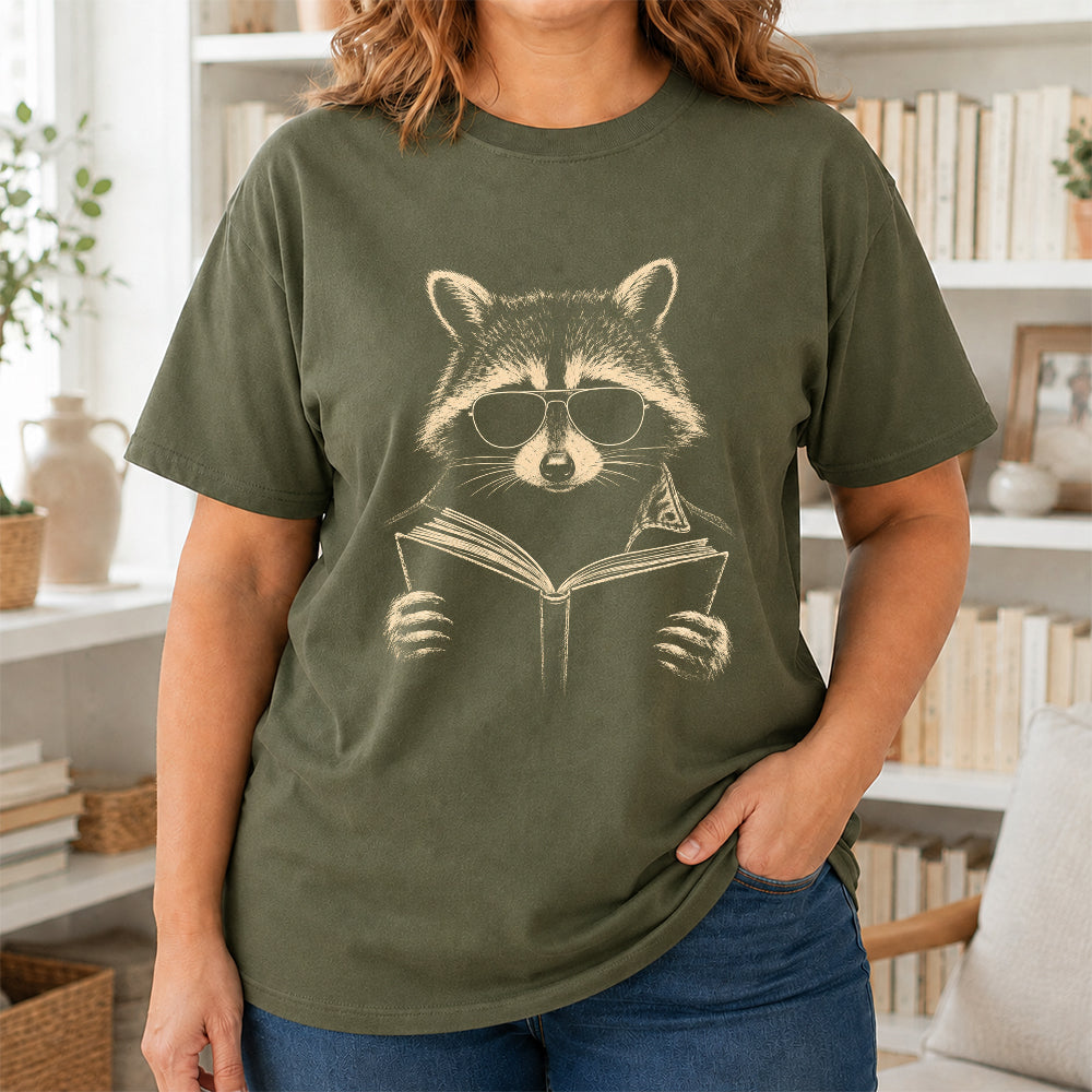 Raccoon Reading Book Softstyle T-Shirt | Book Lover Gift Military Green