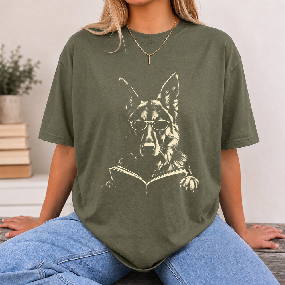 German Shepherd Reading Book Softstyle T-Shirt | Book Lover Gift Military Green