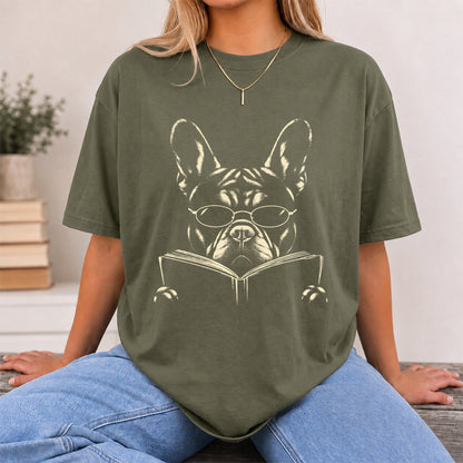 French Bulldog Reading Book Softstyle T-Shirt | Book Lover Gift Military Green