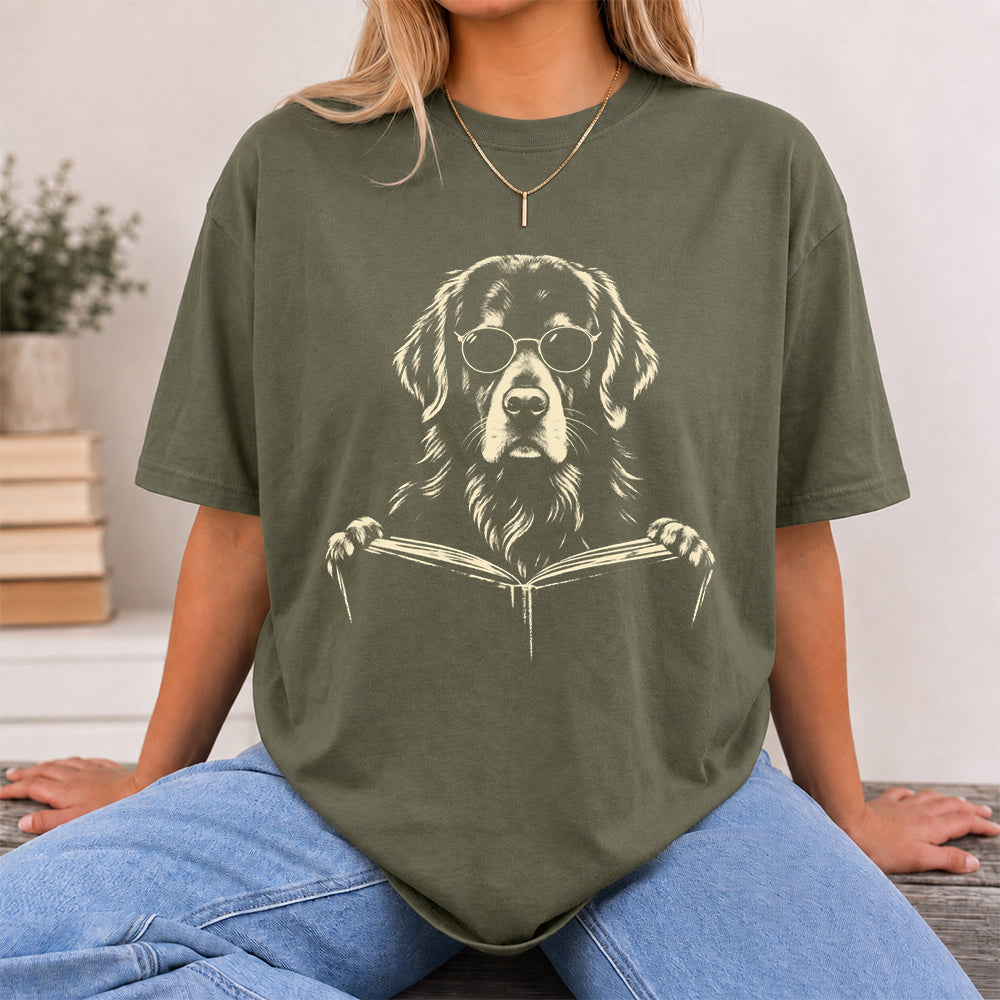 Golden Retriever Reading Book Softstyle T-Shirt | Book Lover Gift Military Green
