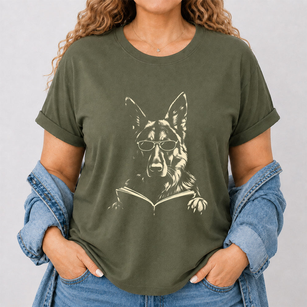 German Shepherd Reading Book Softstyle T-Shirt | Book Lover Gift Military Green
