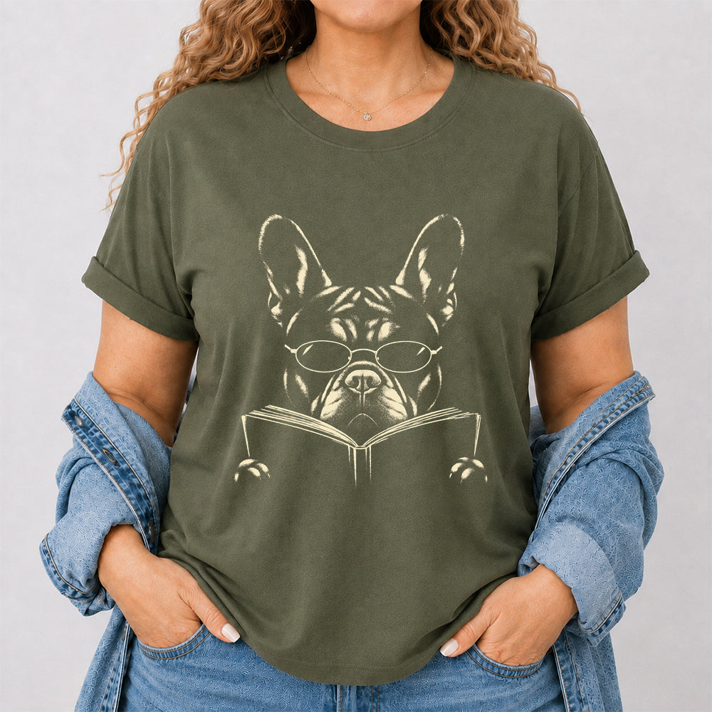 French Bulldog Reading Book Softstyle T-Shirt | Book Lover Gift Military Green